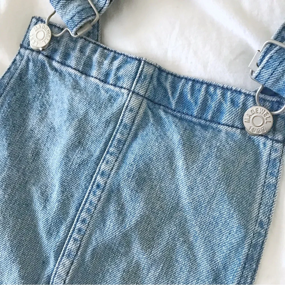 Madewell Overall Denim Jumper Mini Dress Faded Distressed Fringe Raw Hem Blue XS - Picture 2 of 6